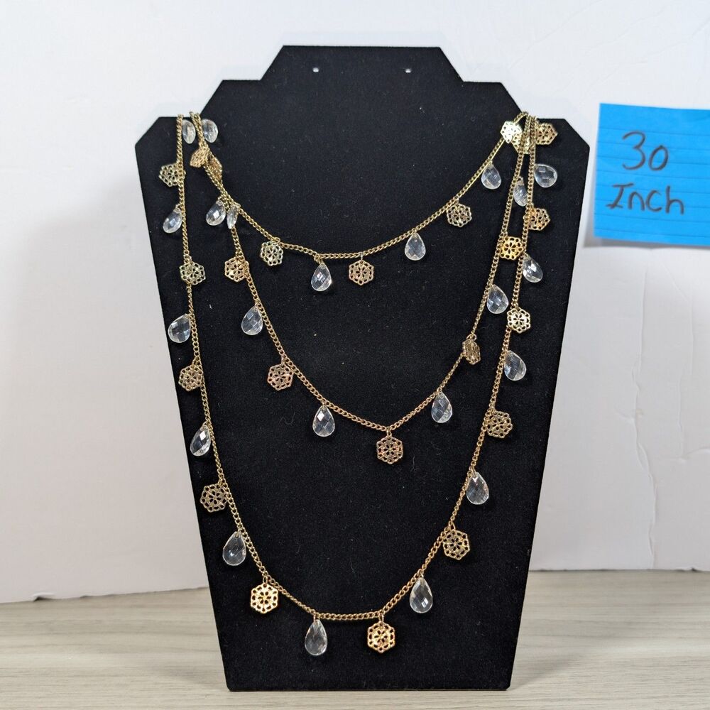 Gold Tone Layered Charm Necklace Crystal Teardrop Dangle Boho 30 Inch